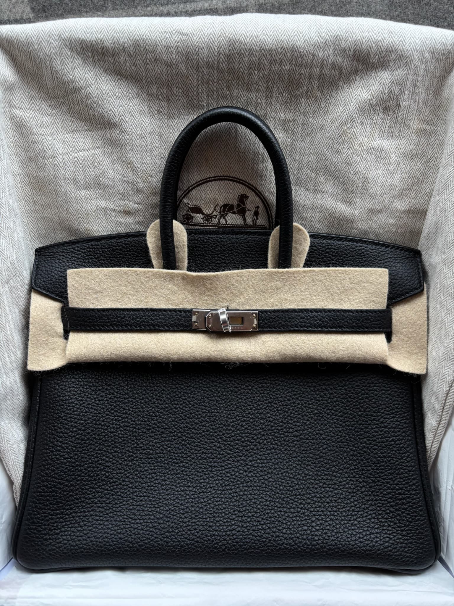 Hermès Birkin 25 in Black Togo PHW hardware — front view