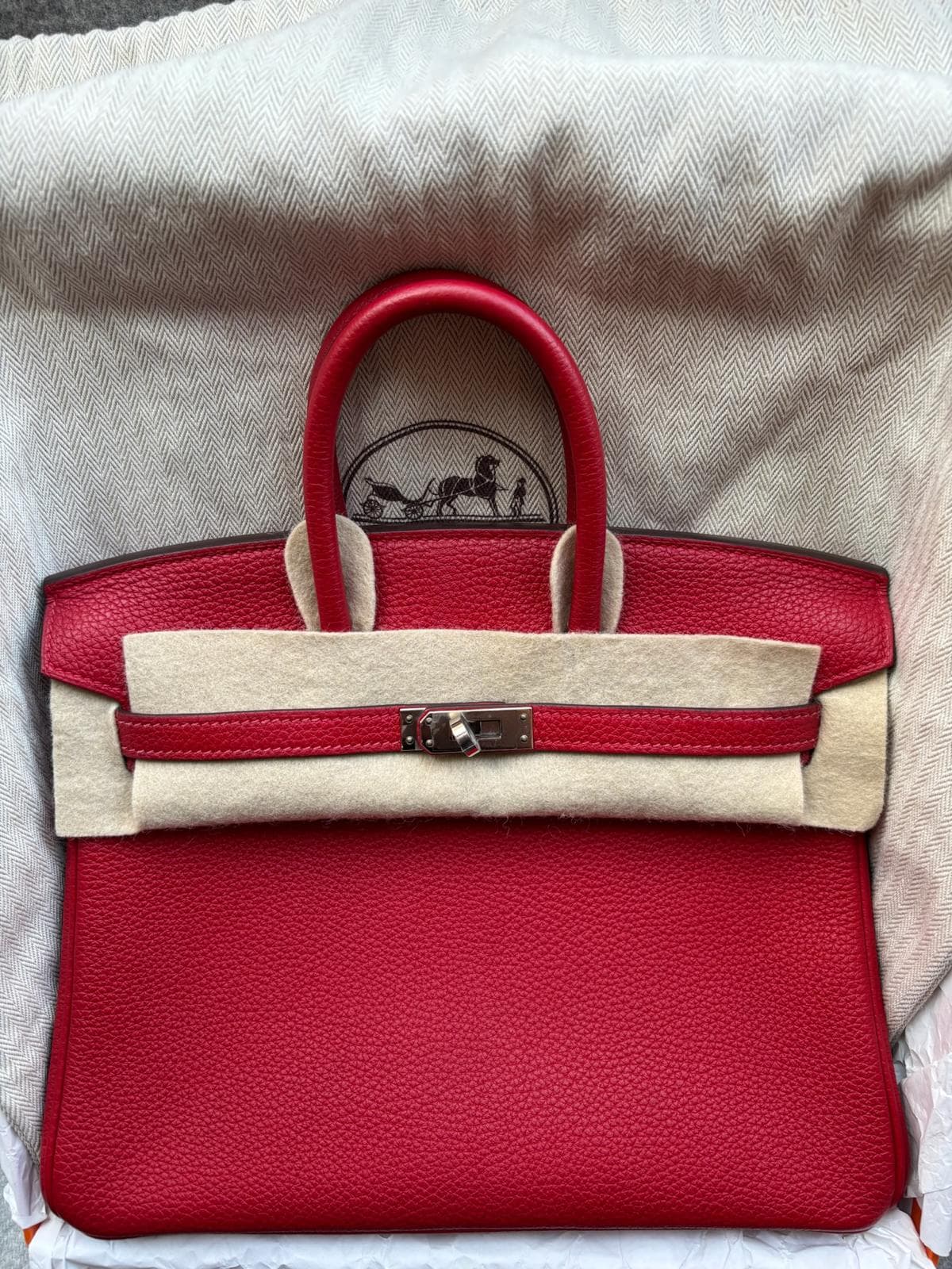 Hermès Birkin 25 in Rouge Vif Togo GHW hardware — front view