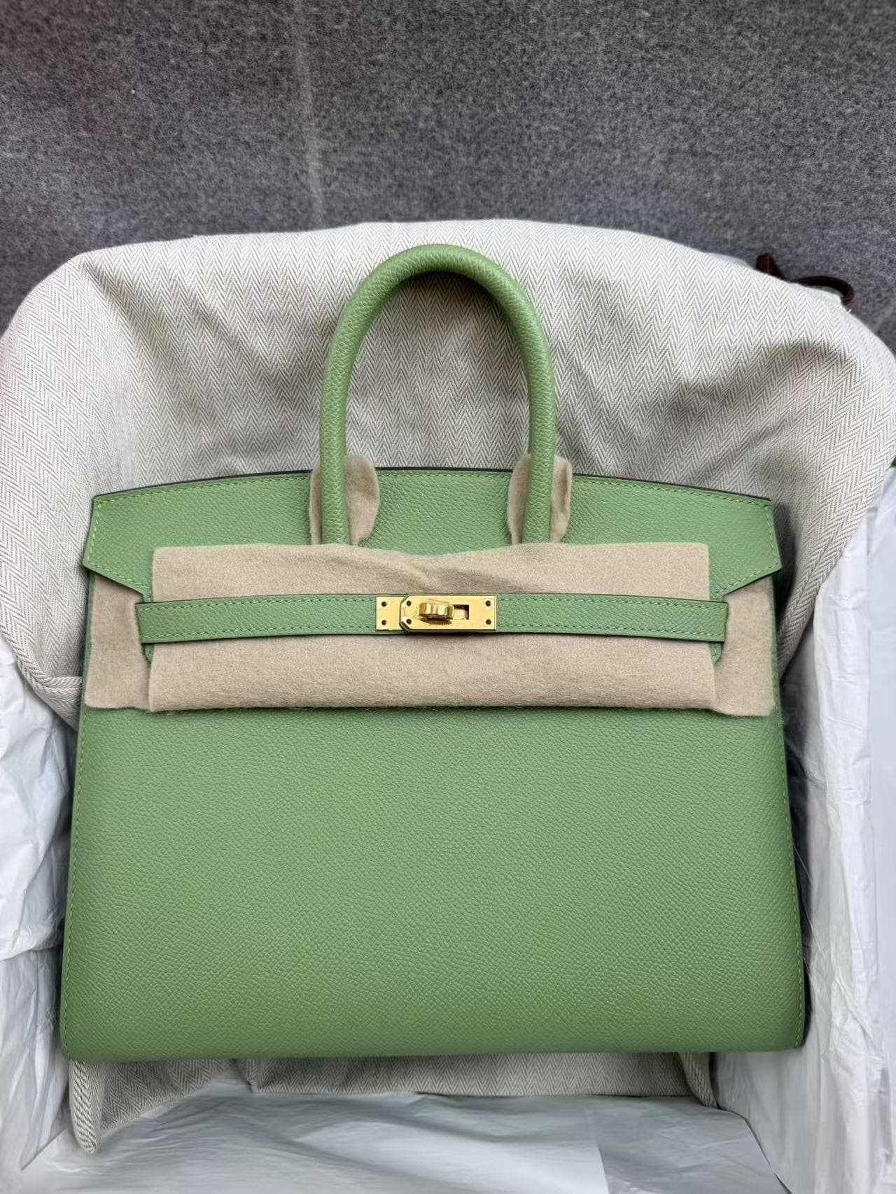 Hermès Birkin 25 in Vert Criquet Epsom GHW hardware — front view
