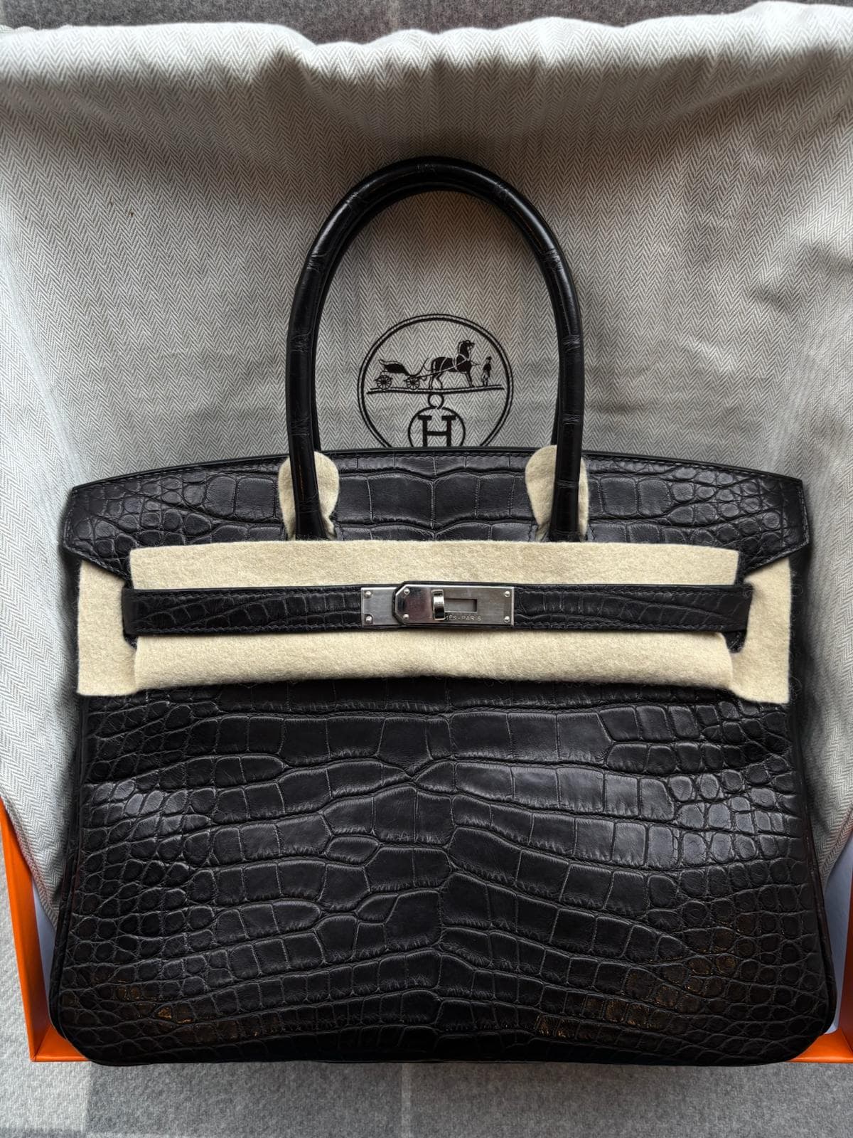 Hermès Birkin 30 in Black Matte Crocodile PHW hardware — front view