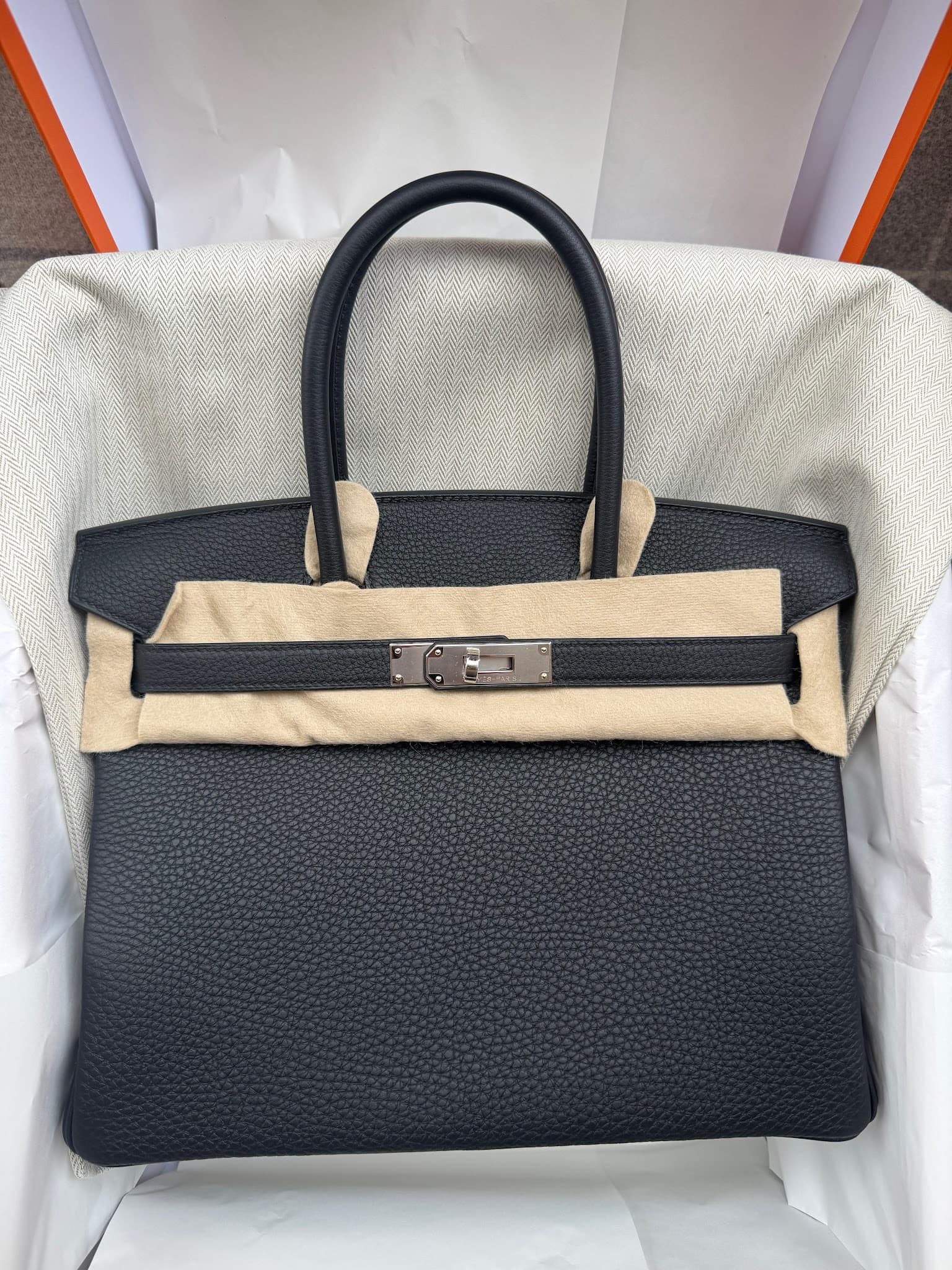 Hermès Birkin 30 in Black Togo PHW hardware — front view