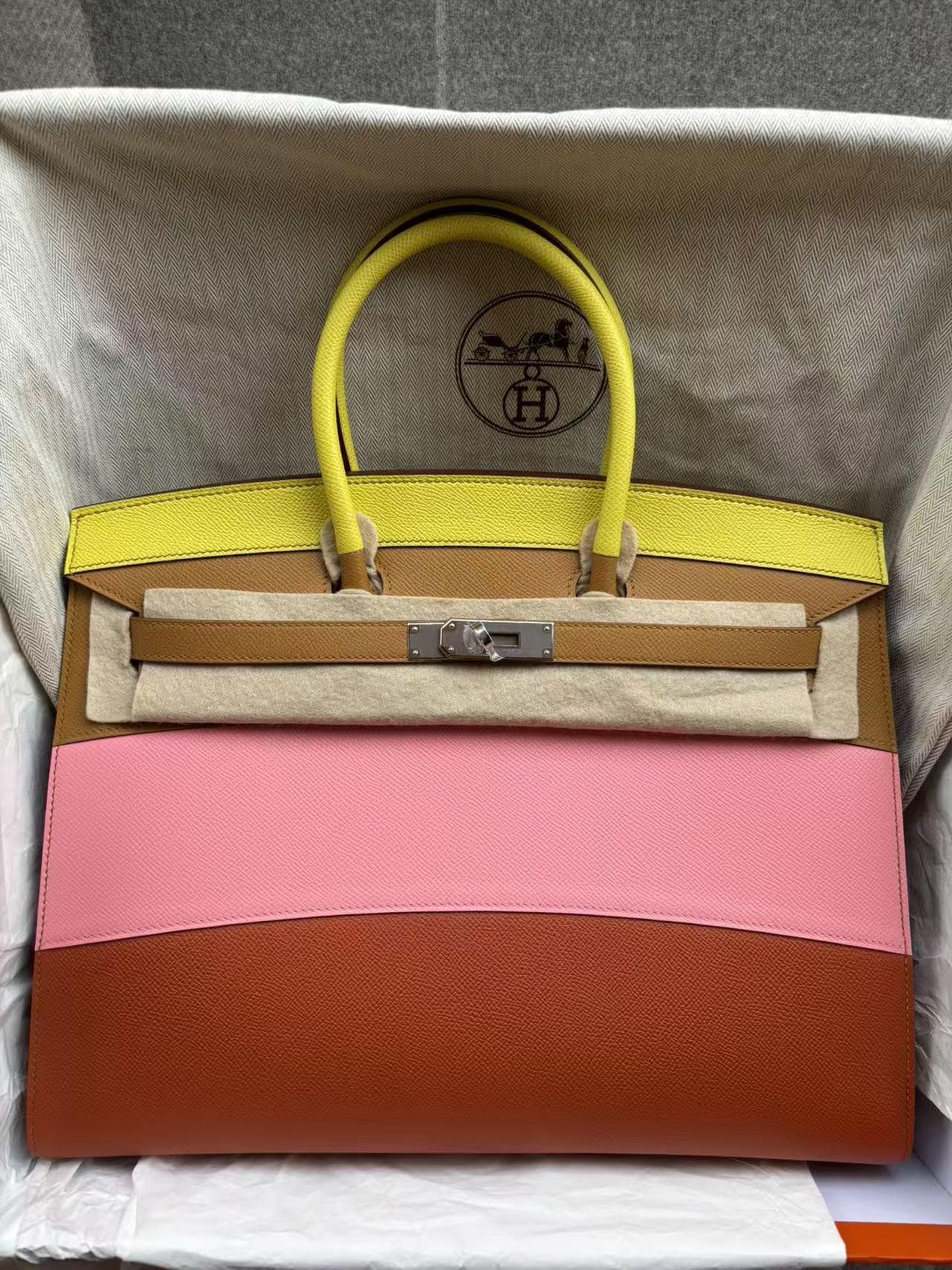 Hermès Birkin 35 in Sunset Epsom Rainbow hardware — front view