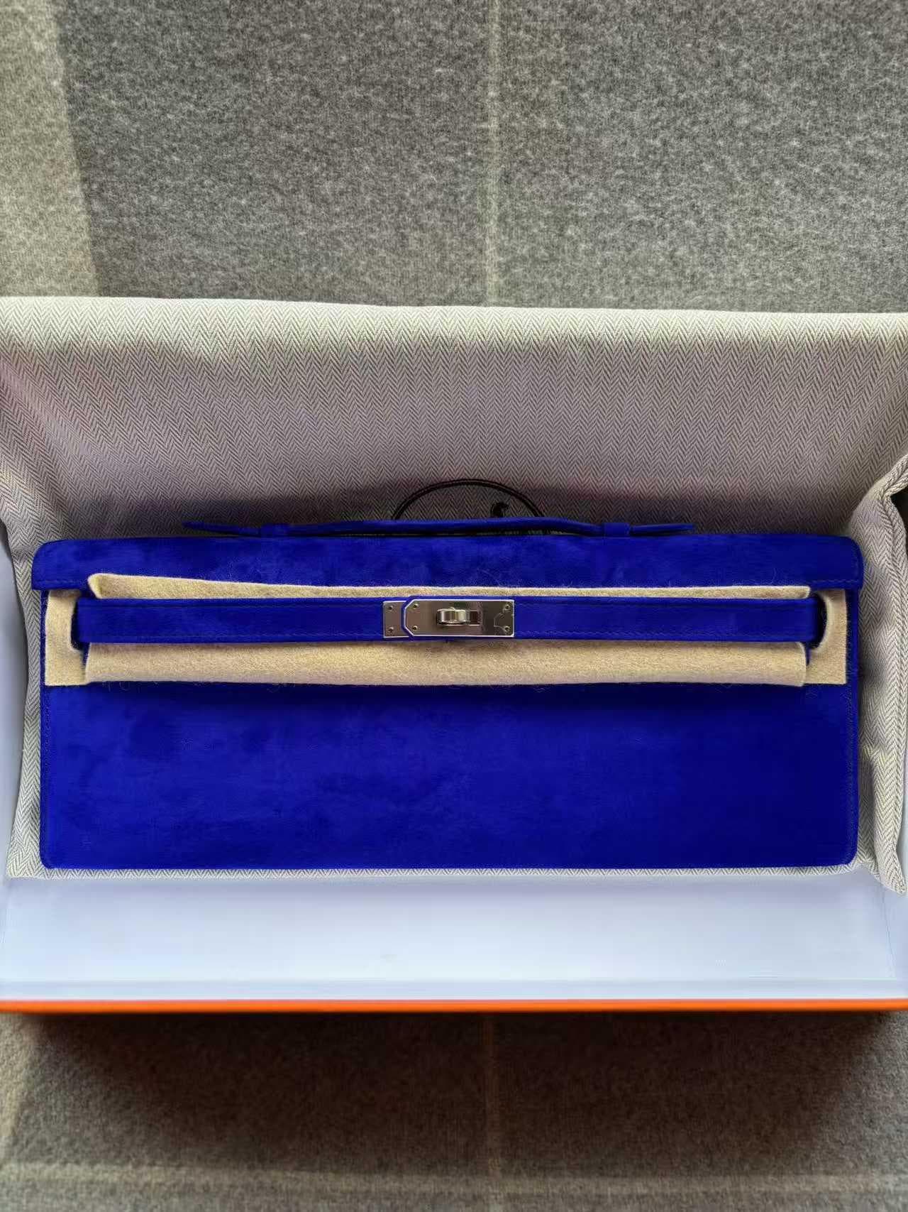 Hermès Kelly Cut in Blue Electric Doblis PHW hardware — front view
